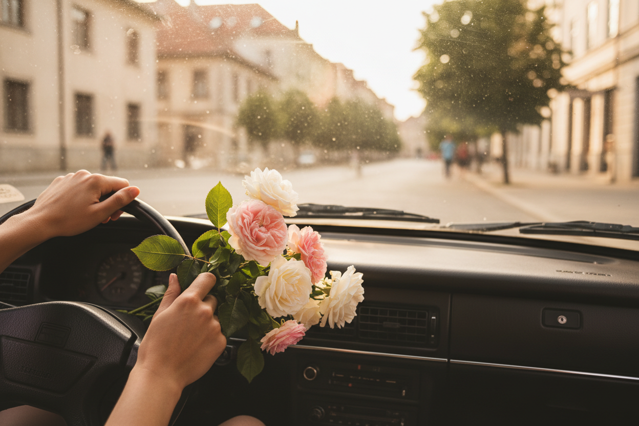 Auto-Innenraum mit Rosen