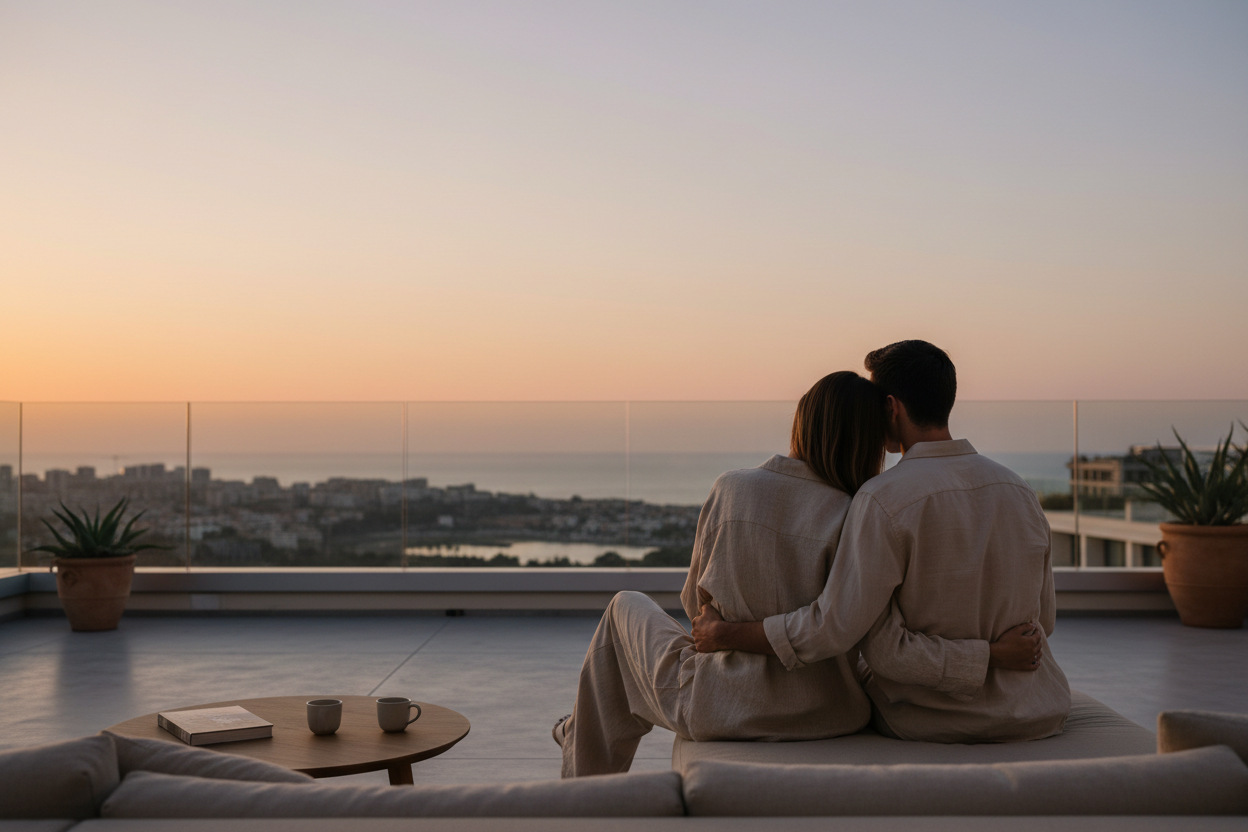 Cinematic, high-end editorial lifestyle photograph shot strictly from behind, showing the backs of a young couple sitting closely together on a modern terrace or balcony at dusk. No faces visible. Soft warm evening light, refined neutral tones in beige, sand and greige. Minimal, elegant architecture, calm and intimate mood, negative space for text, no branding or products.