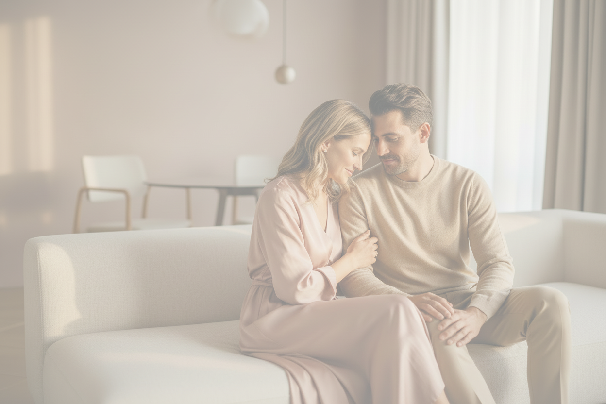 Editorial lifestyle photography of a couple sitting close together, subtle physical connection, warm natural light, soft beige and rose tones, minimalistic aesthetic, candid moment, modern European style, shallow depth of field, cinematic composition, no text, no logos, premium brand look, realistic photography
aspect ratio: 16:9
lighting: golden hour
mood: intimate, calm, elegant