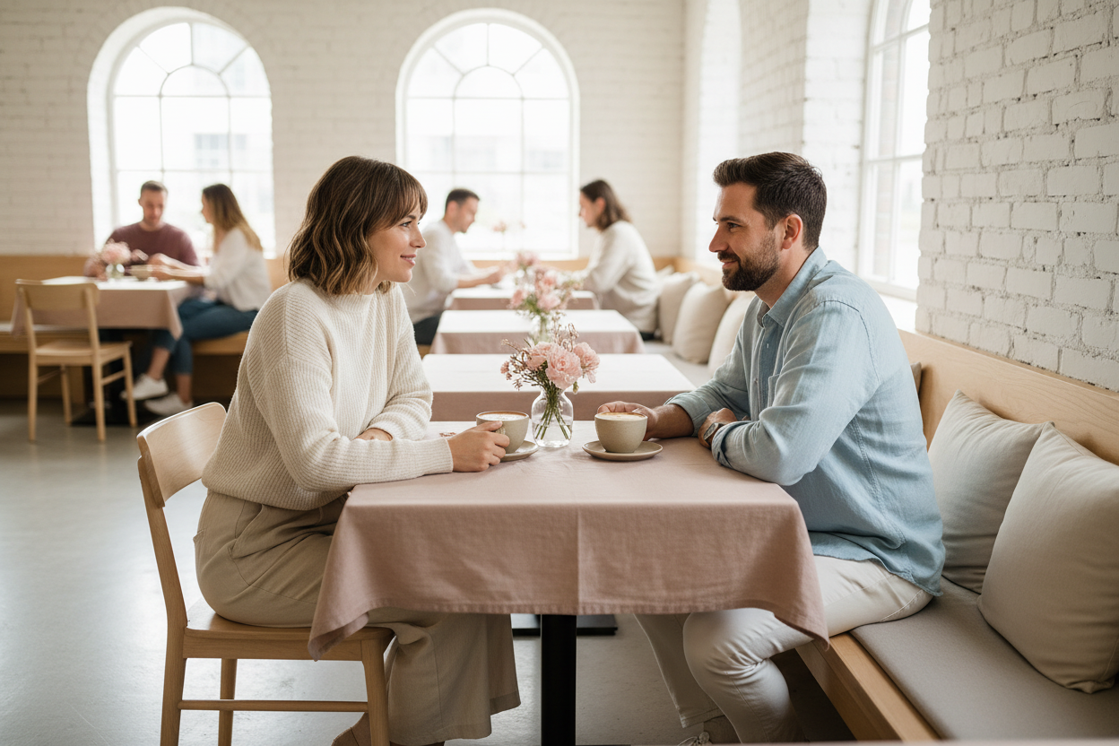 Helles Lifestyle-Foto eines Paares im modernen Café