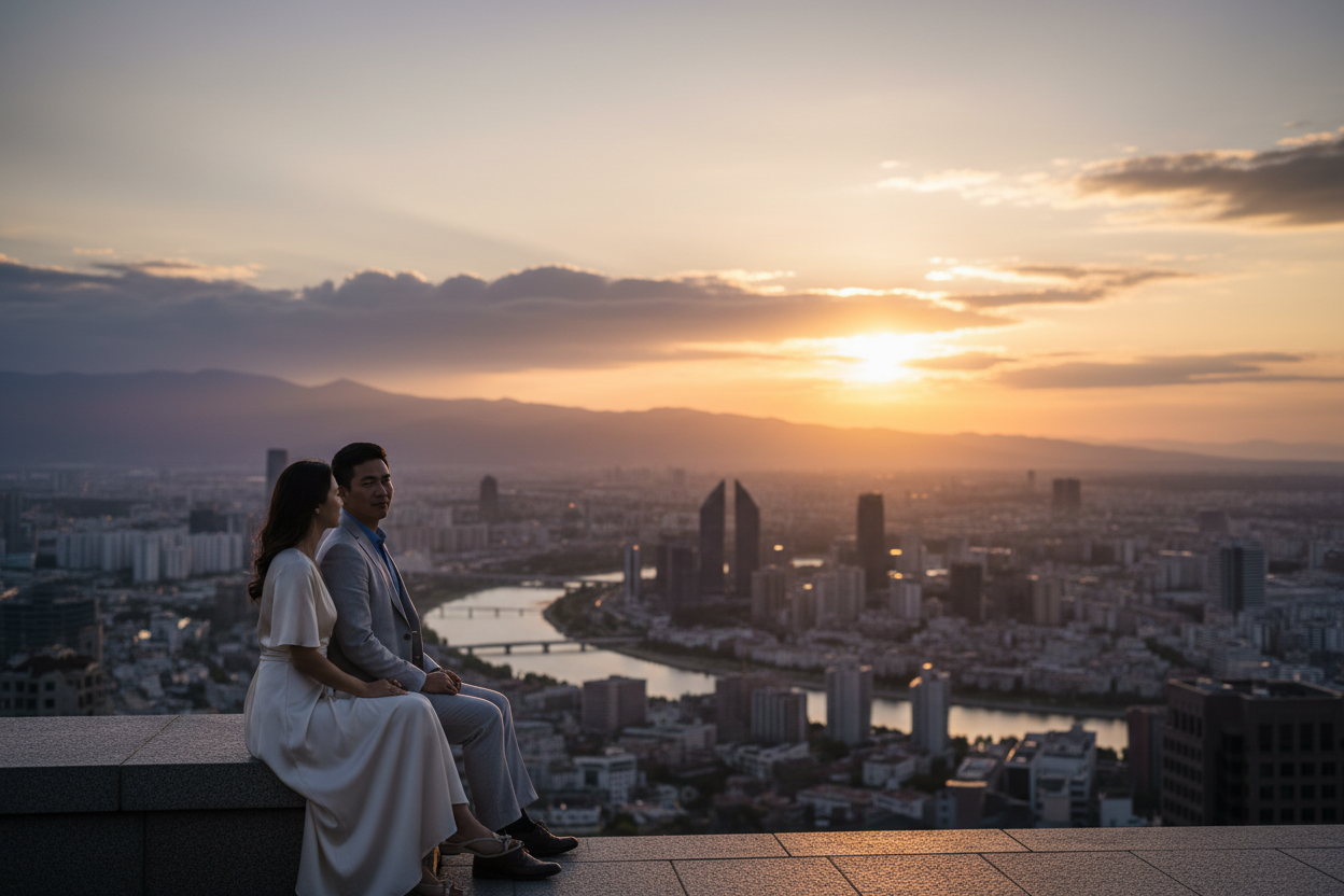 Wide cinematic shot of a couple sitting quietly together, overlooking a city or nature, sunset light, peaceful atmosphere, minimalistic composition, elegant lifestyle photography, emotional but restrained, realistic, premium brand aesthetic